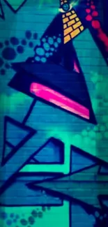 Vibrant urban graffiti wallpaper with geometric shapes and neon colors.