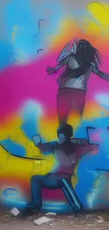 Colorful graffiti art with vibrant pink, blue, and yellow against a wall.