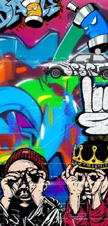 Vibrant graffiti art wallpaper with urban icons and colorful paint cans.