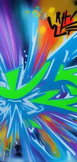 Vibrant and colorful graffiti art mural with bright blue, green, and purple hues.