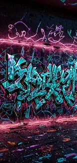 Vibrant neon graffiti wall with pink and blue lighting.