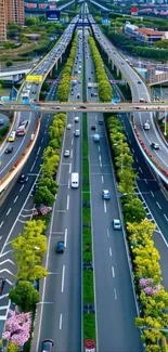 Aerial view of vibrant highway with lush greenery.