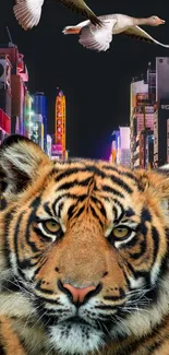 Tiger in neon-lit city with birds flying overhead, creating a striking urban jungle scene.