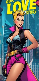 Animated character in vibrant urban setting with city backdrop and colorful attire.