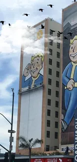 Urban mural on a building featuring iconic character and blue sky.