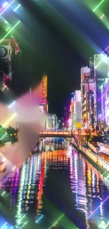 Vibrant cityscape with neon lights at night reflecting on a canal.