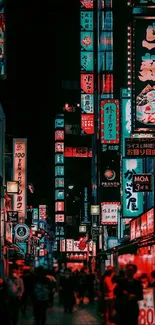 Neon-lit urban street with vibrant city lights and signs at night.