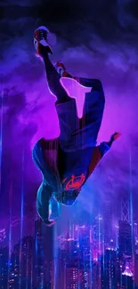 Silhouetted figure jumps above neon-lit city skyline in vibrant colors.