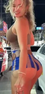 Person in urban nightlife scene with vibrant colors.