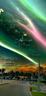 Auroral displays in urban night sky over a colorful city street.