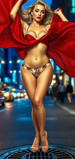 Woman posing confidently in vibrant urban night scene.