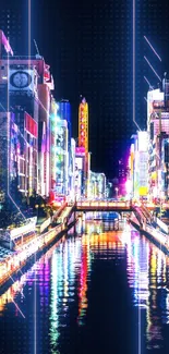 Vibrant cityscape with reflections in a canal at night.