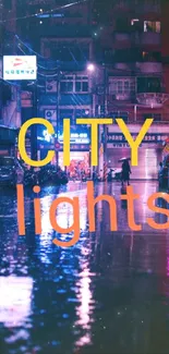 Neon city lights reflecting on a wet street at night.