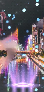 Vibrant cityscape with neon lights reflecting on waterway.