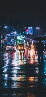 Vibrant urban nightscape with wet street reflections and bright city lights.
