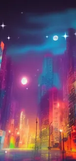 Vibrant neon cityscape with colorful skyscrapers and a futuristic design.