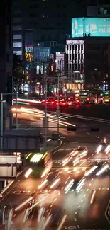 Vibrant city nightscape with dynamic light trails.