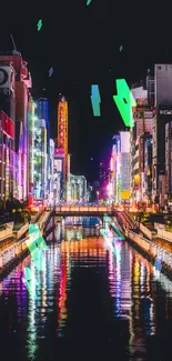 Colorful urban nightscape with neon reflections on a canal.