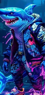 Animated shark in vibrant urban graffiti style.