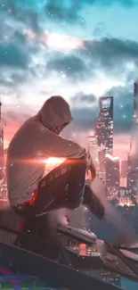 Person in hood sitting amidst futuristic city skyline during sunset.