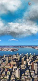 City skyline with skyscrapers under a clear blue sky and scattered clouds.