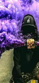 Masked figure with purple smoke flare.