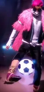 Dynamic urban soccer player with pink fur jacket.