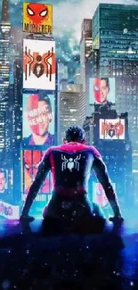 Spider hero overlooks a vibrant, neon-lit cityscape at night.