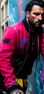 Man with colorful jacket in urban graffiti setting.