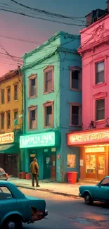 Vibrant street with pastel buildings and neon signs.