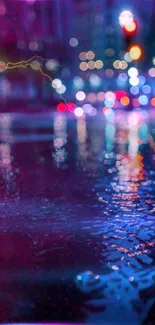 Neon reflections on a wet city street with blurred colorful lights.