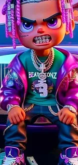 Cartoon character with hip hop influence and vibrant colors.