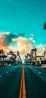 Vibrant city street with sunset sky and palm trees.