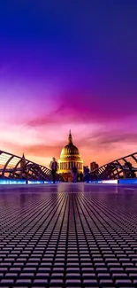 Vibrant sunset cityscape with a bridge and skyline.