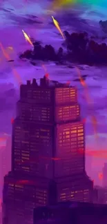 Purple cityscape at sunset with vibrant sky and silhouettes.