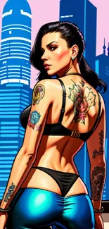 Animated tattooed character with a cityscape background in vibrant colors.