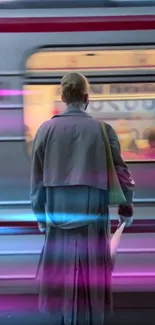 Person in blue coat facing a moving train with vibrant color streaks.