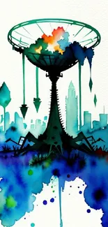 Vibrant blue-green urban watercolor wallpaper with abstract cityscape.