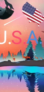 Colorful USA-themed nature wallpaper with wolves and patriotic symbols.