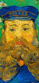 Vibrant Van Gogh portrait with blue and green hues.