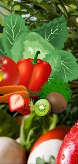 Colorful vegetable art wallpaper with tomatoes, peppers, and greens.