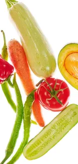Colorful assortment of fresh vegetables on white background.