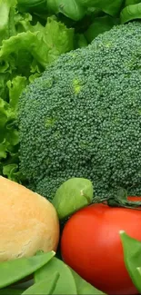 Vibrant vegetables with broccoli, tomato, and bread on a green leafy background.