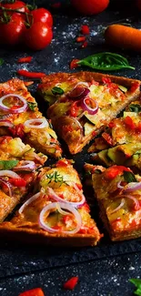 A vibrant vegetable pizza on a rustic dark background.