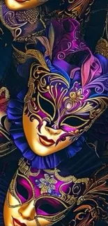 Intricate colorful Venetian masks in vibrant purple tones.