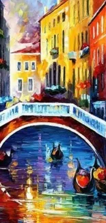 Vibrant and colorful Venice canal with painted gondolas and buildings.