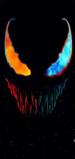 Venom-like vibrant grin on dark background