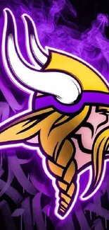 Vibrant Viking helmet with purple smoke background