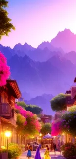 Vibrant village with mountains and flowers in sunset light.