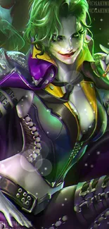 A vibrant green-haired villain with purple accents in a digital art style.